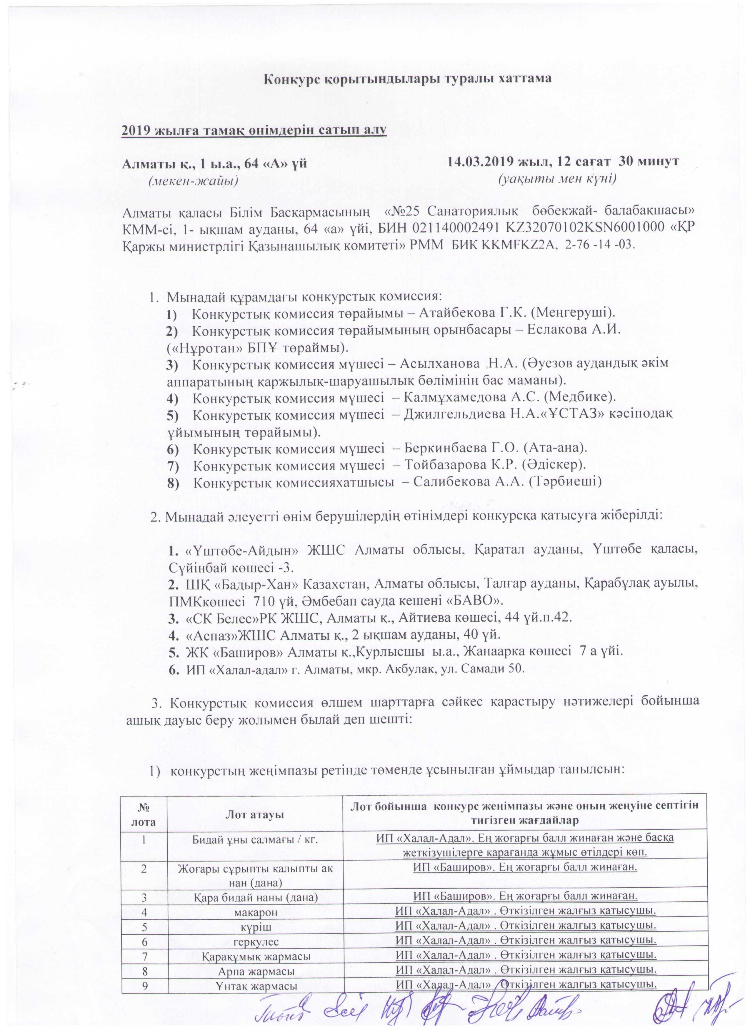 Конкурс қорытындылары туралы  хаттама