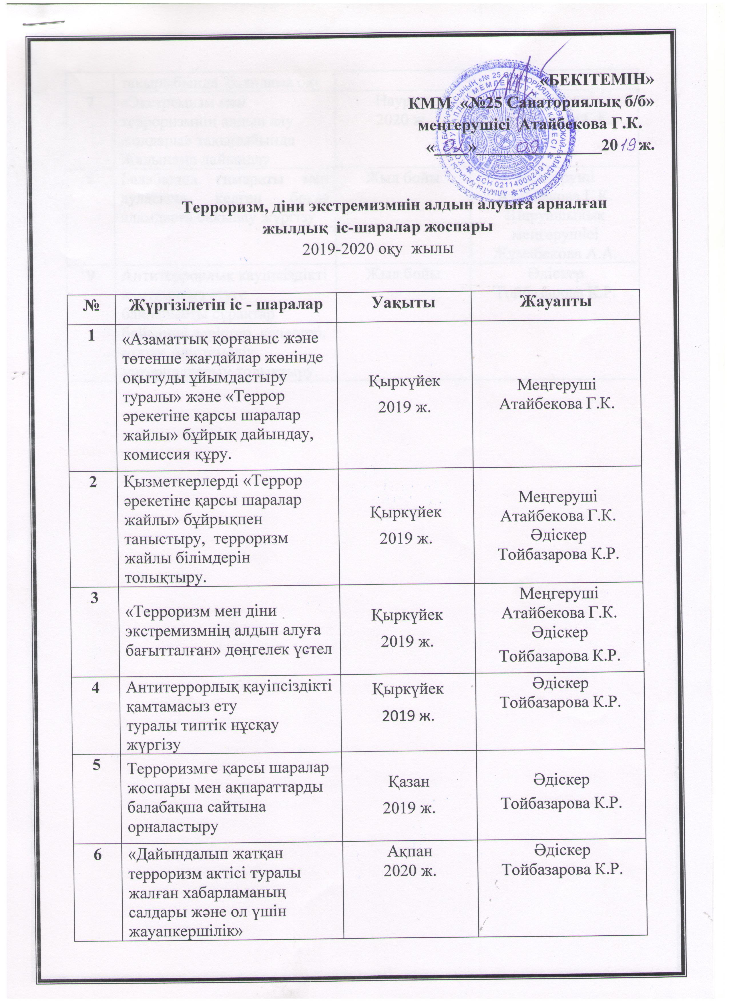 "2019-2020 оқу жылына арналған антитерорлық жоспар"