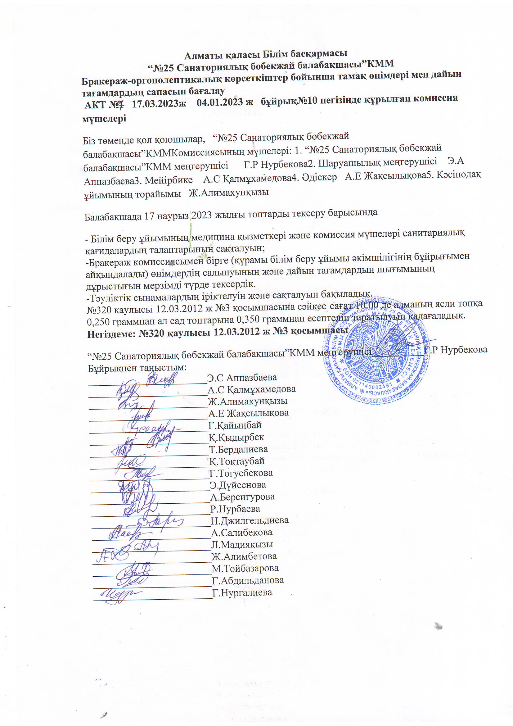 “№25 Санаториялық бөбекжай балабақшасы”КММ                                                         Бракераж-оргонолептикалық көрсеткіштер бойынша тамақ өнімдері мен дайын тағамдардың сапасын бағалау