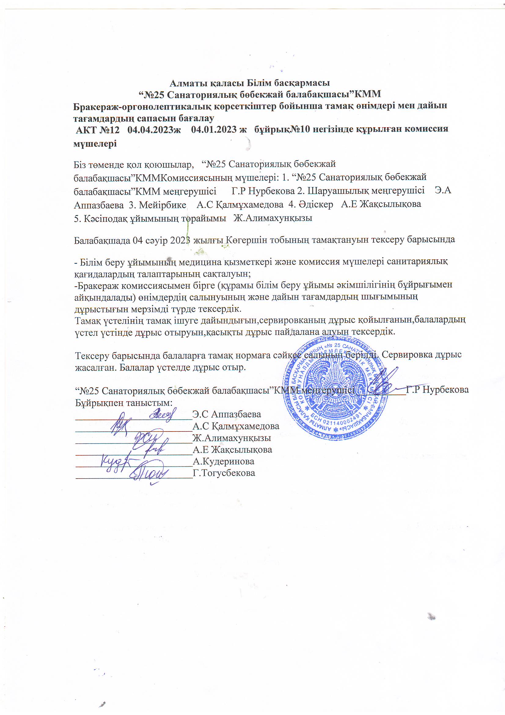 “№25 Санаториялық бөбекжай балабақшасы”КММБракераж-оргонолептикалық көрсеткіштер бойынша тамақ өнімдері мен дайын тағамдардың сапасын бағалау
