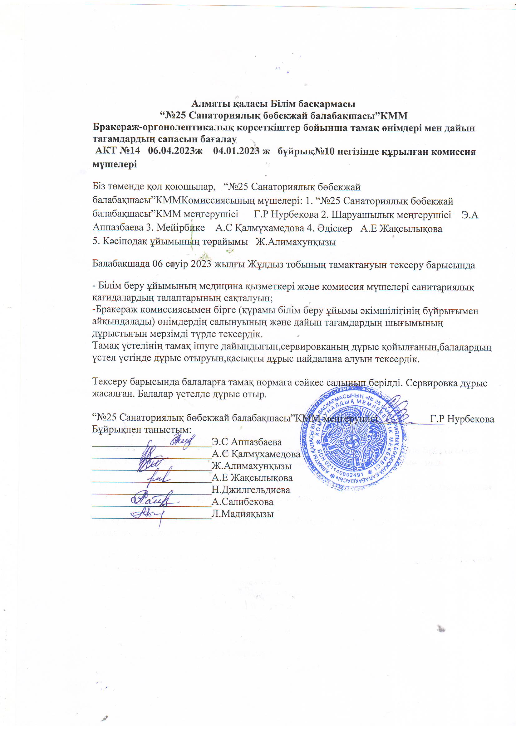 “№25 Санаториялық бөбекжай балабақшасы”КММ Бракераж-оргонолептикалық көрсеткіштер бойынша тамақ өнімдері мен дайын тағамдардың сапасын бағалау