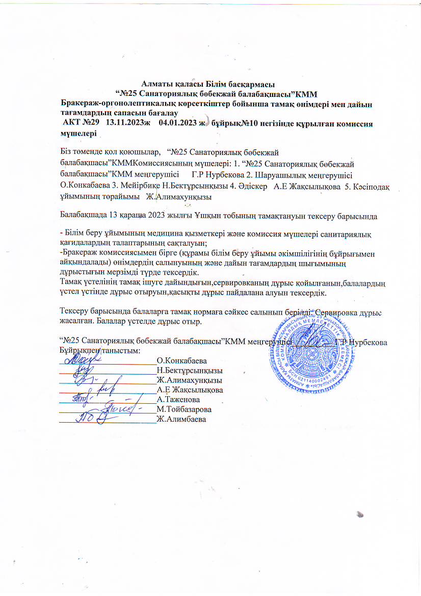 "№25 санаториялық бөбекжай-балабақшасы"Бракераж-оргонолептикалық көрсеткіштер бойынша тамақ өнімдері мен дайын тағамдардың сапасын бағалау.