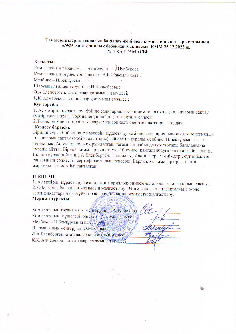 "№25 санаториялық бөбекжай-балабақшасының"Тамақ өнімдерінің сапасын бақылау жөніндегі комиссиясының отырыстарының №4 хаттамасы