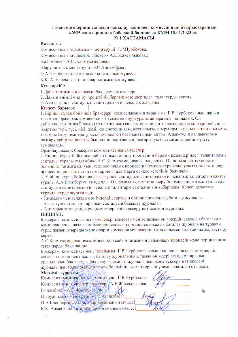 "№25 санатаориялық бөбекжай-балабақшасының"Тамақ өнімдерінің сапасын бақылау жөніндегі комиссиясының отырыстарының №1 хаттамасы