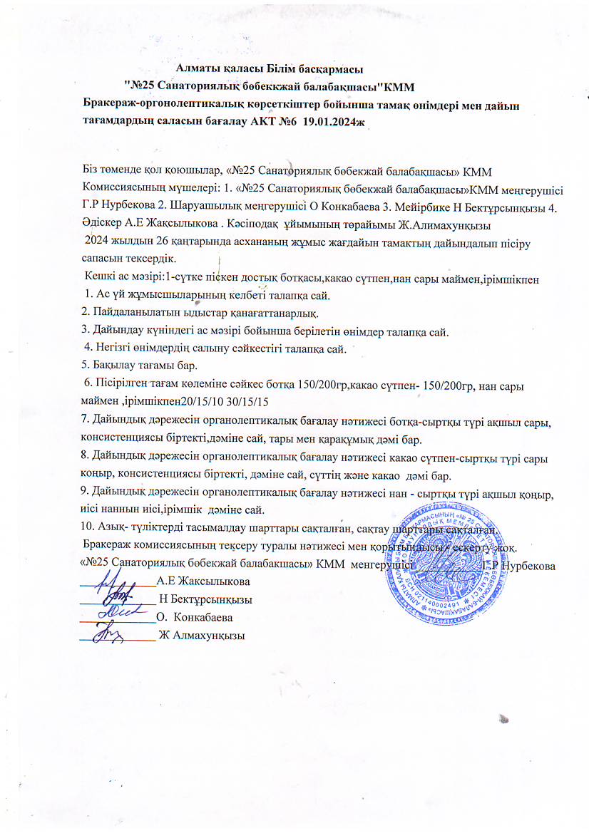 "№25санаториялық бөбекжай-балабақшасы"Бракераж-оргонолептикалық көрсеткіштер бойынша тамақ өнімдері мен дайын тағамдардың саласын бағалау