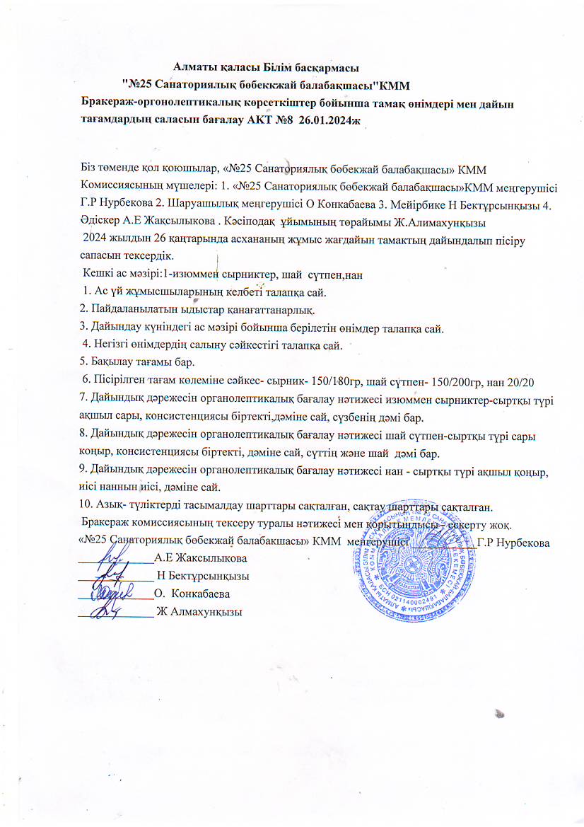 "№25санаториялық бөбекжай-балабақшасы"Бракераж-оргонолептикалық көрсеткіштер бойынша тамақ өнімдері мен дайын тағамдардың саласын бағалау.