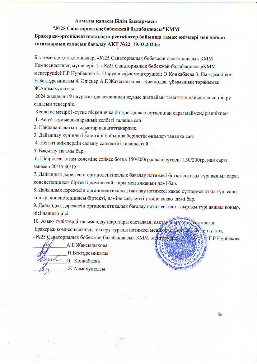 "№25 санаториялық бөбекжай-балабақшасы" Бракераж -оргонолептикалық көрсеткіштер бойынша тамақ өнімдері мен дайын тағамдардың салдасын бағалау АКТ