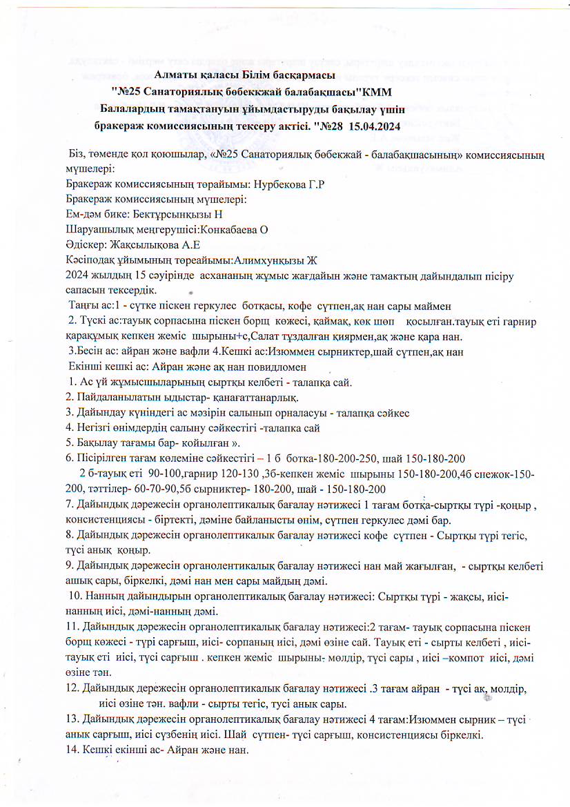 "№25санаториялық бөбекжай-балабақшасы" Балалардың тамақтануын ұйымдастыруды бақылау үшін  бракераж комиссисының тексеру актісі і