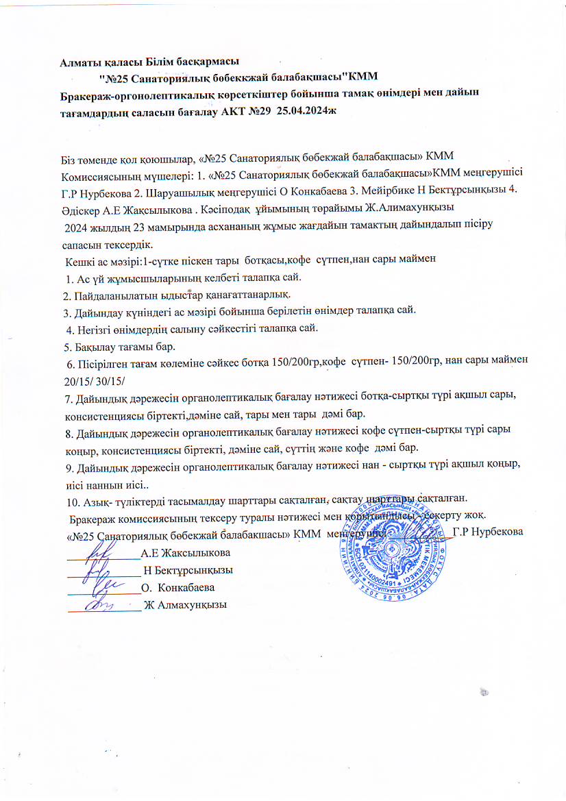 Бракераж комиссиясының тексеру актісі №29