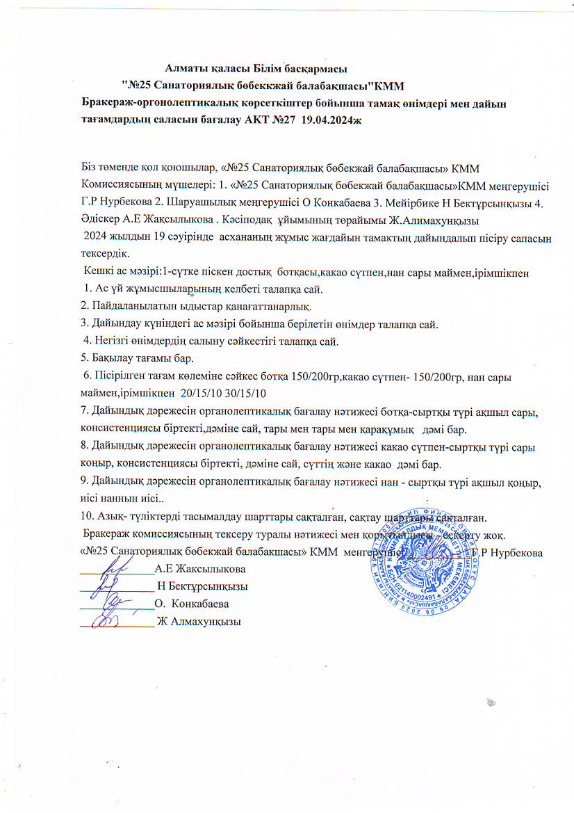 Бракераж АКТ №27