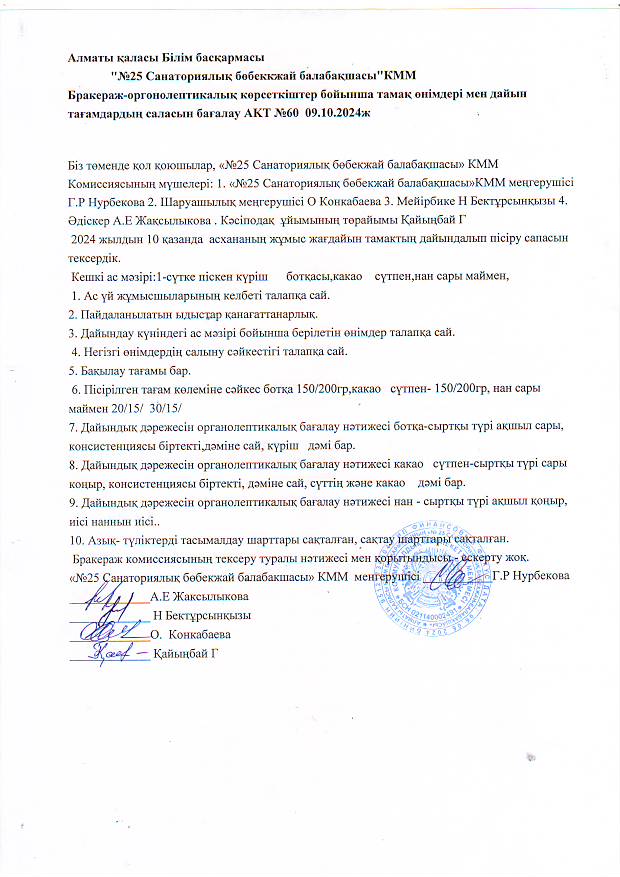 Бракераж комиссиясының тексеру актісі
