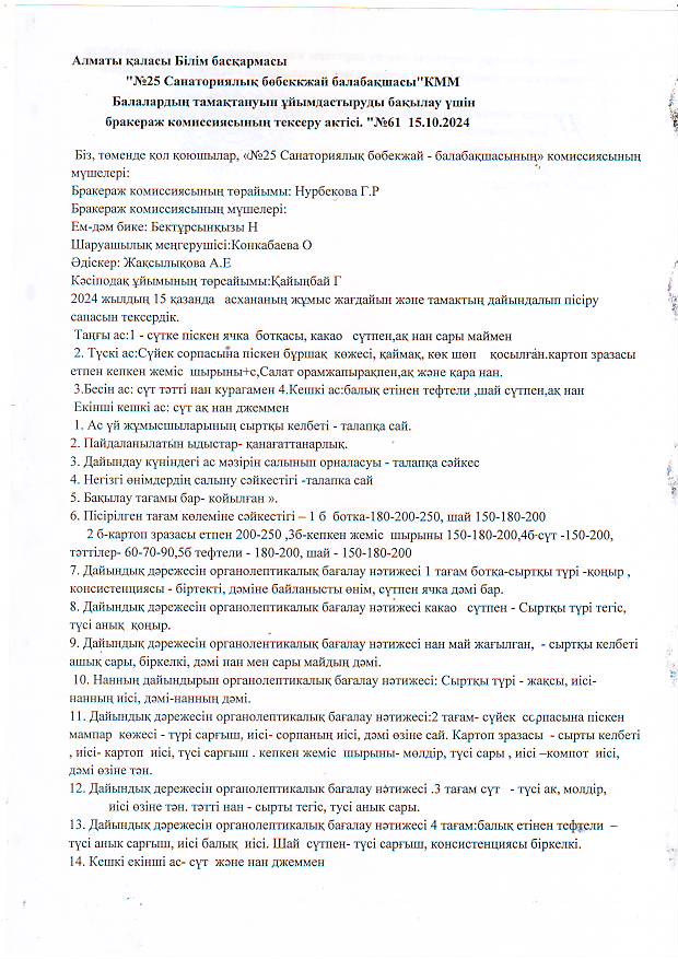 Бракераж комиссиясының тексеру актісі