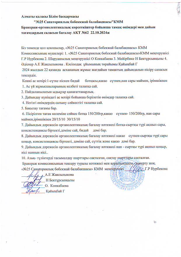 Бракераж комиссиясының тексеру актісі