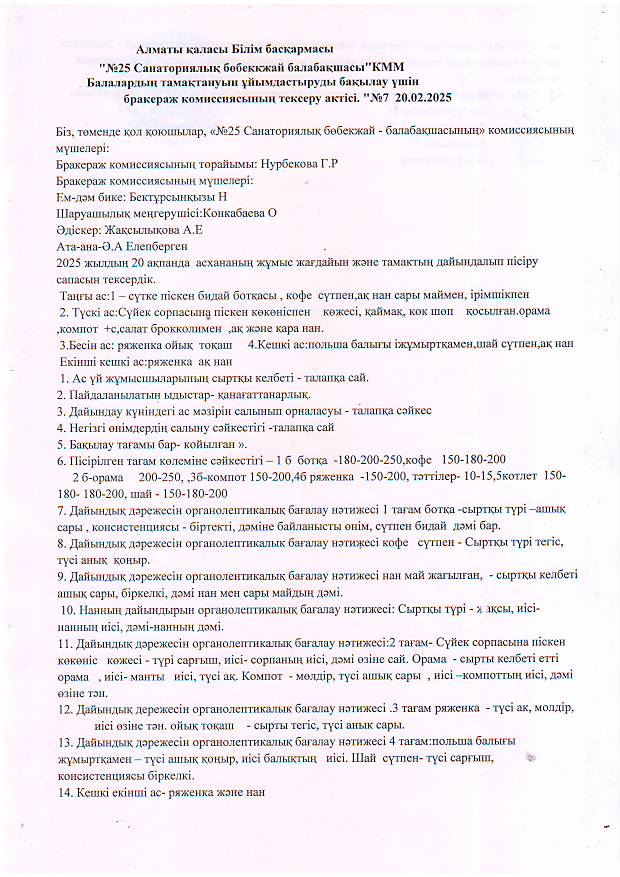 Бракераж комиссиясының тексеру актісі