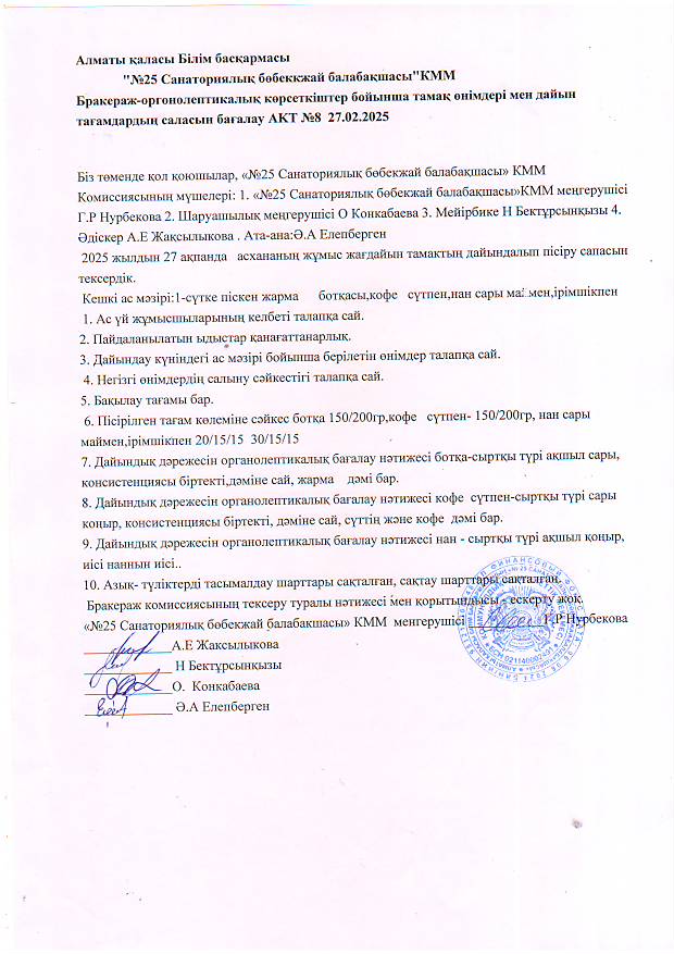 Бракераж комиссиясының тексеру актісі