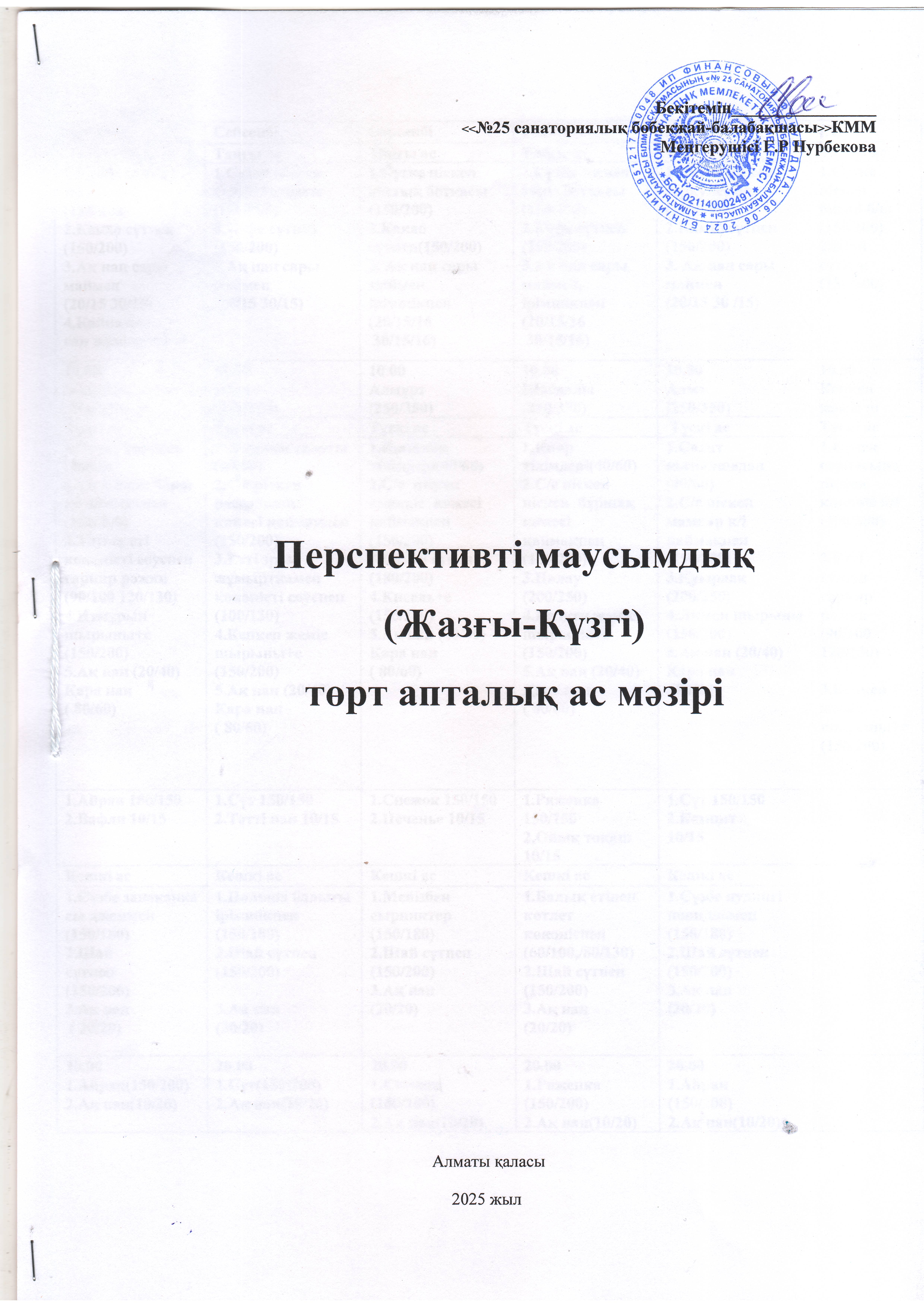 Преспективті маусымдық (Жазғы-Күзгі)  төрт апталық ас мәзірі.