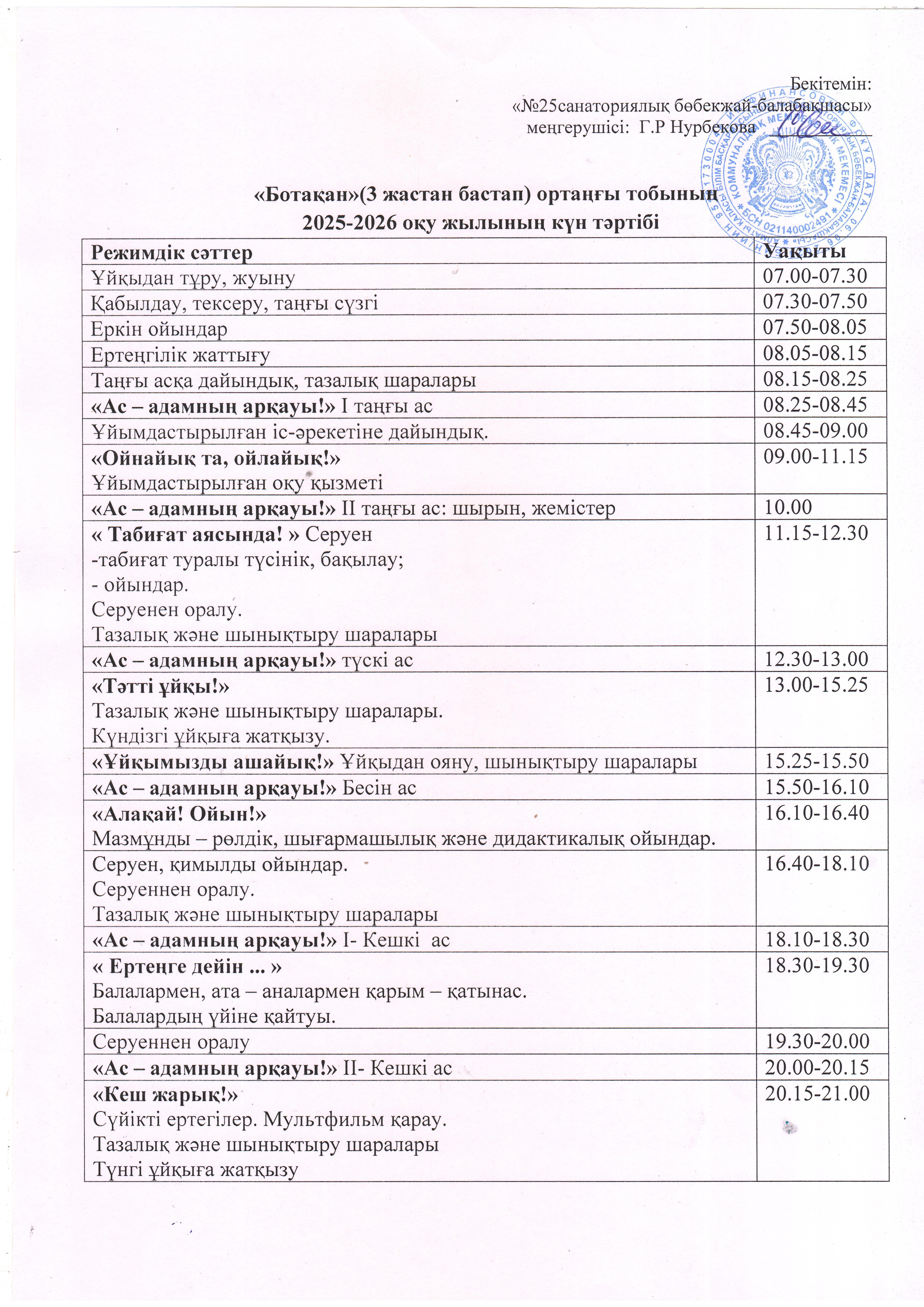 Күн тәртібі. Ортаңғы "Ботақан" тобы 2025-2026 оқу жылы
