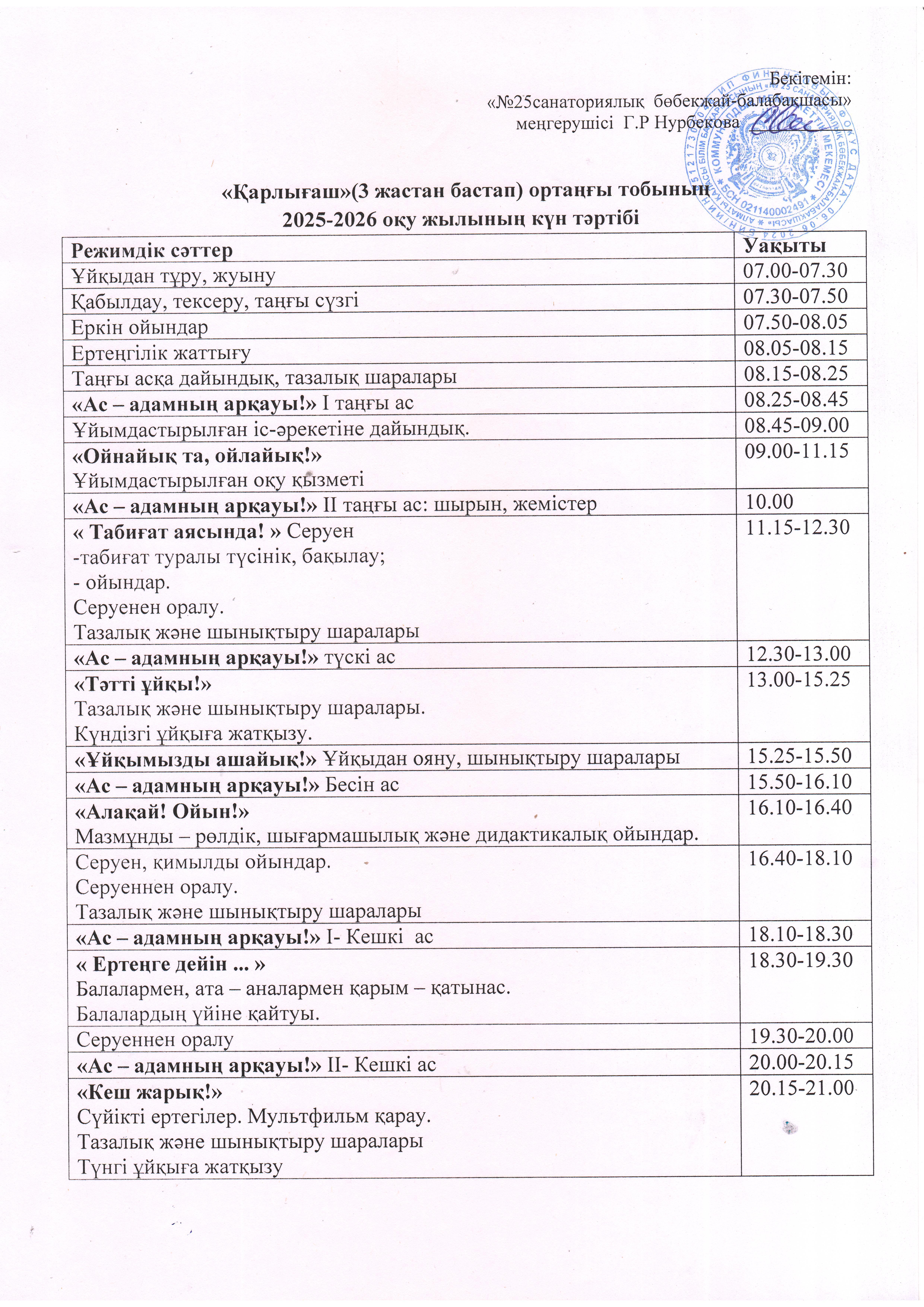 Күн тәртібі. Ортаңғы "Қарлығаш" тобы 2025-2026 оқу жылы